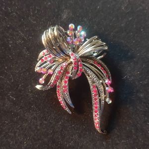Whiting & Davis red rhinestone bow brooch